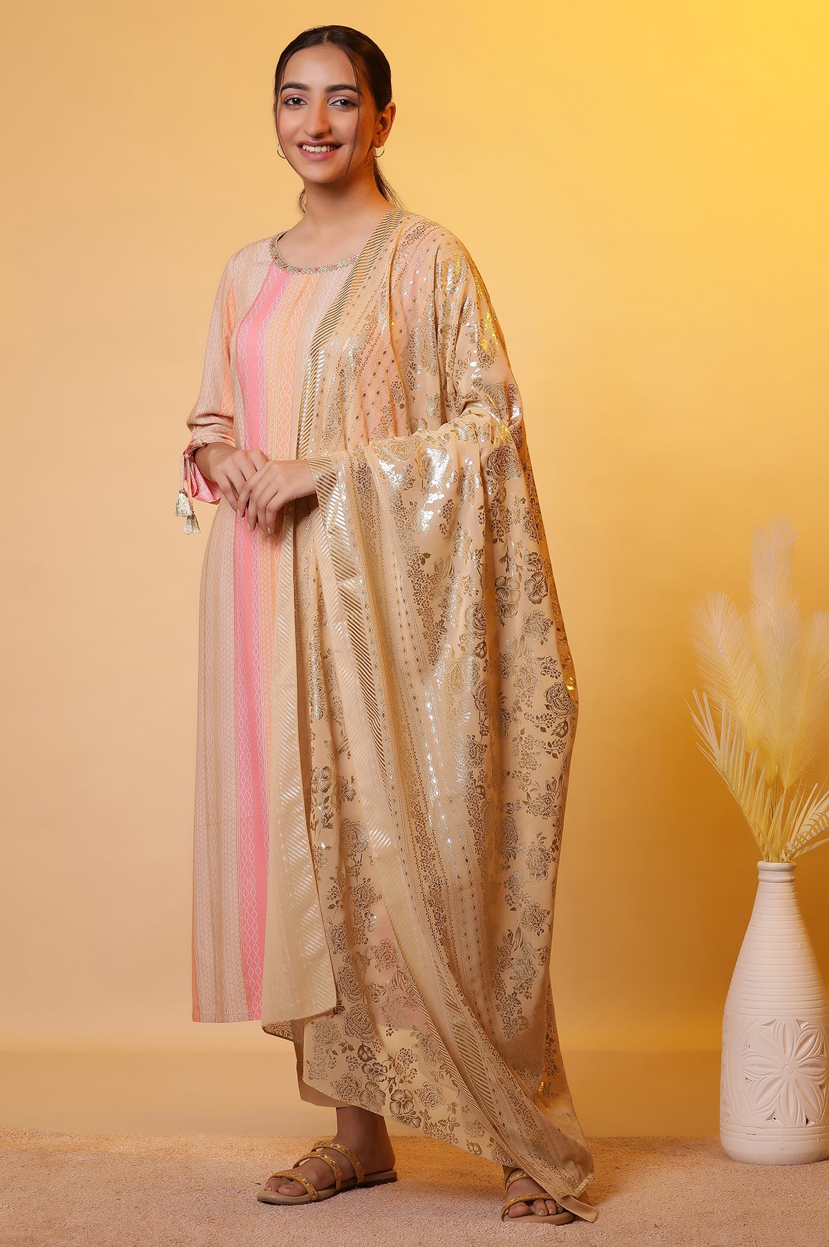Gold Floral Printed Dupatta - FS
