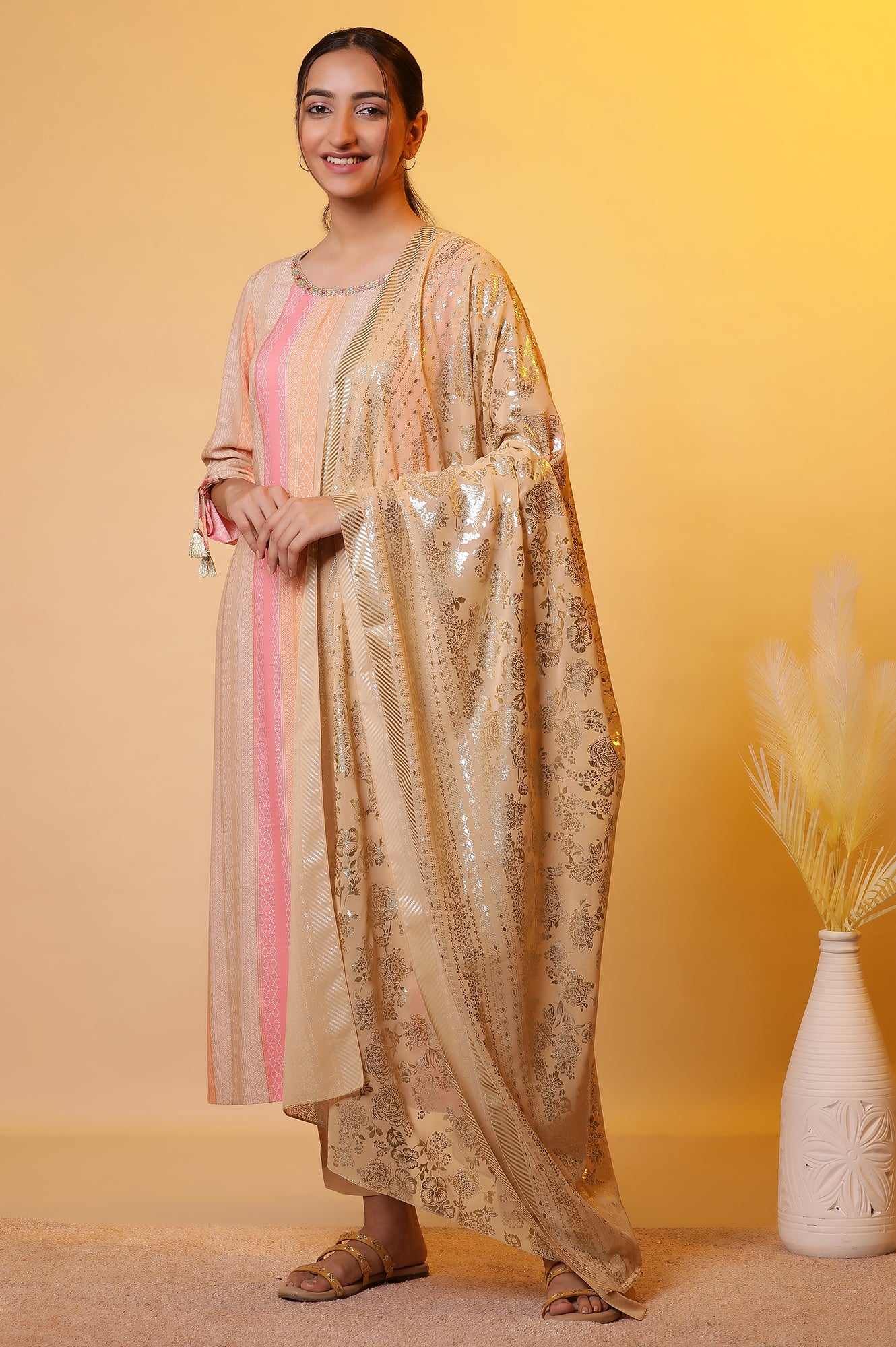 Gold Floral Printed Rectangular Woven Dupatta