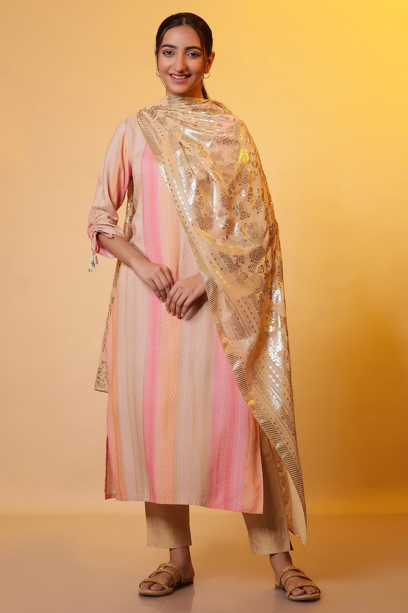 Gold Floral Printed Rectangular Woven Dupatta