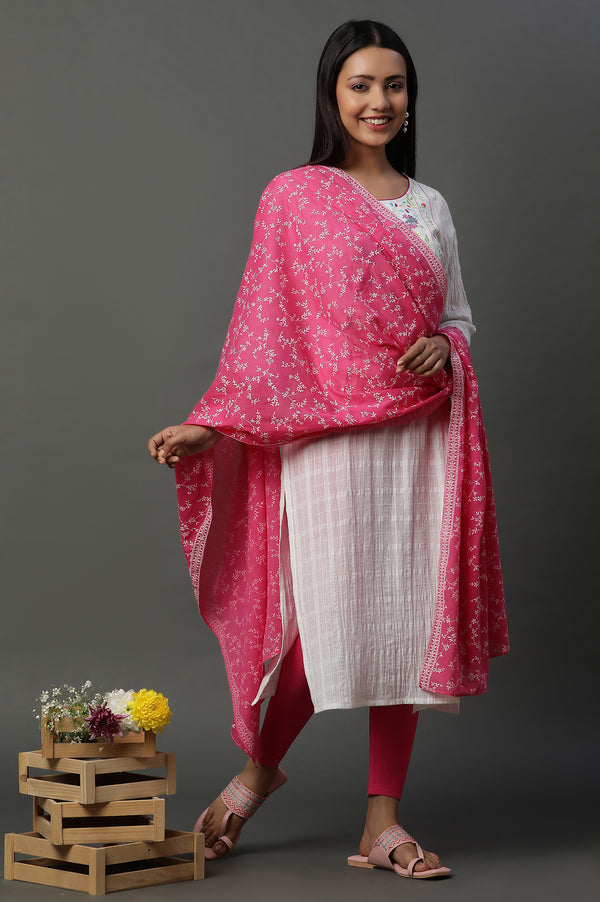 Pink Floral Printed Dupatta with Borders