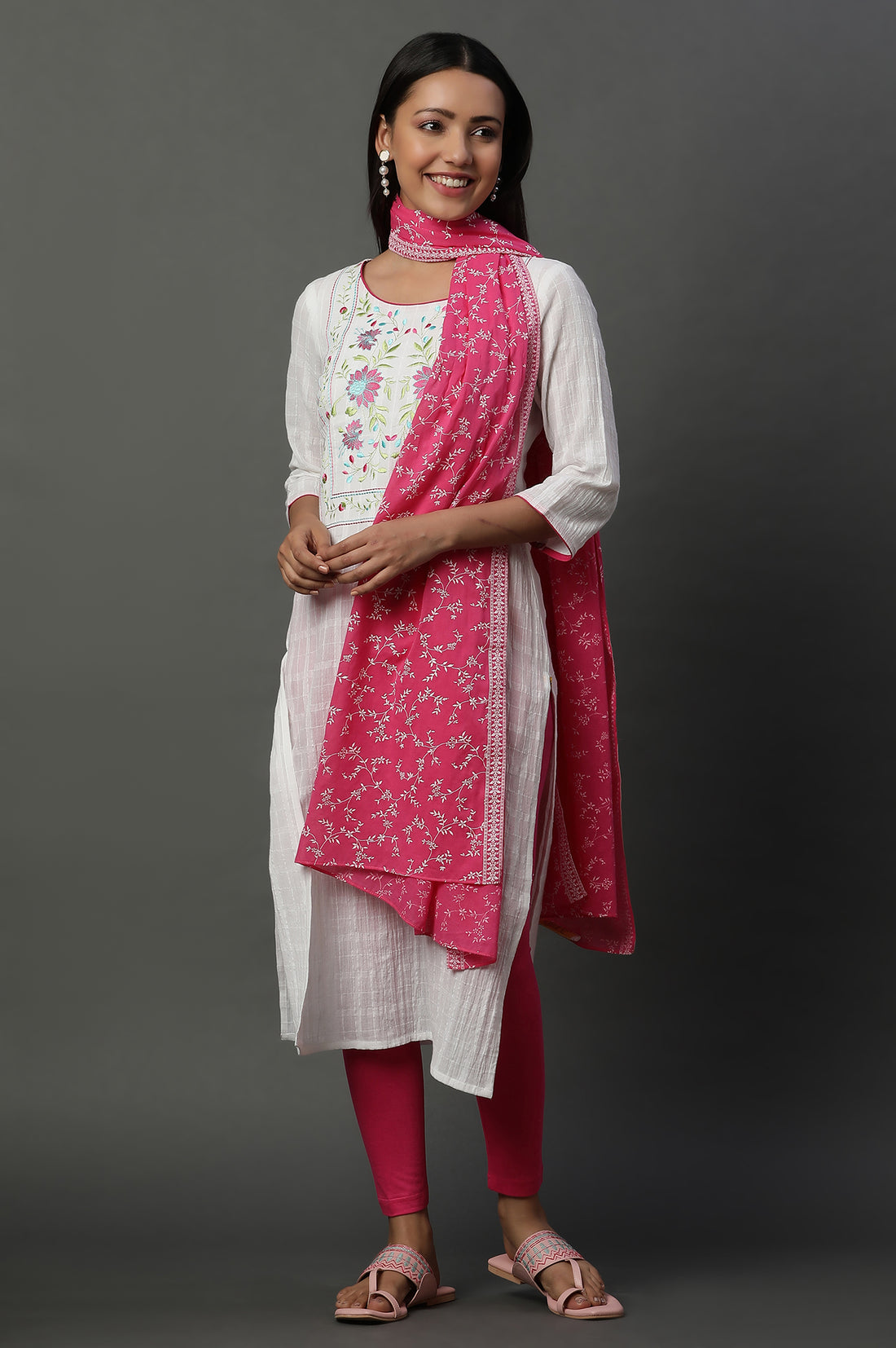 Pink Floral Printed Dupatta with Borders