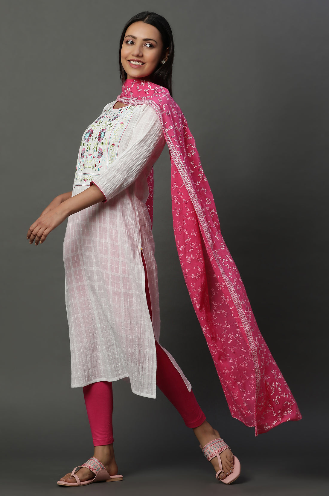 Pink Floral Printed Dupatta with Borders