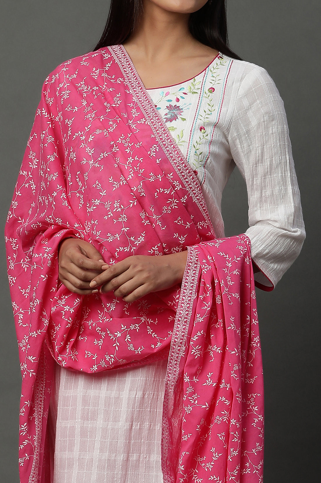 Pink Floral Printed Dupatta with Borders