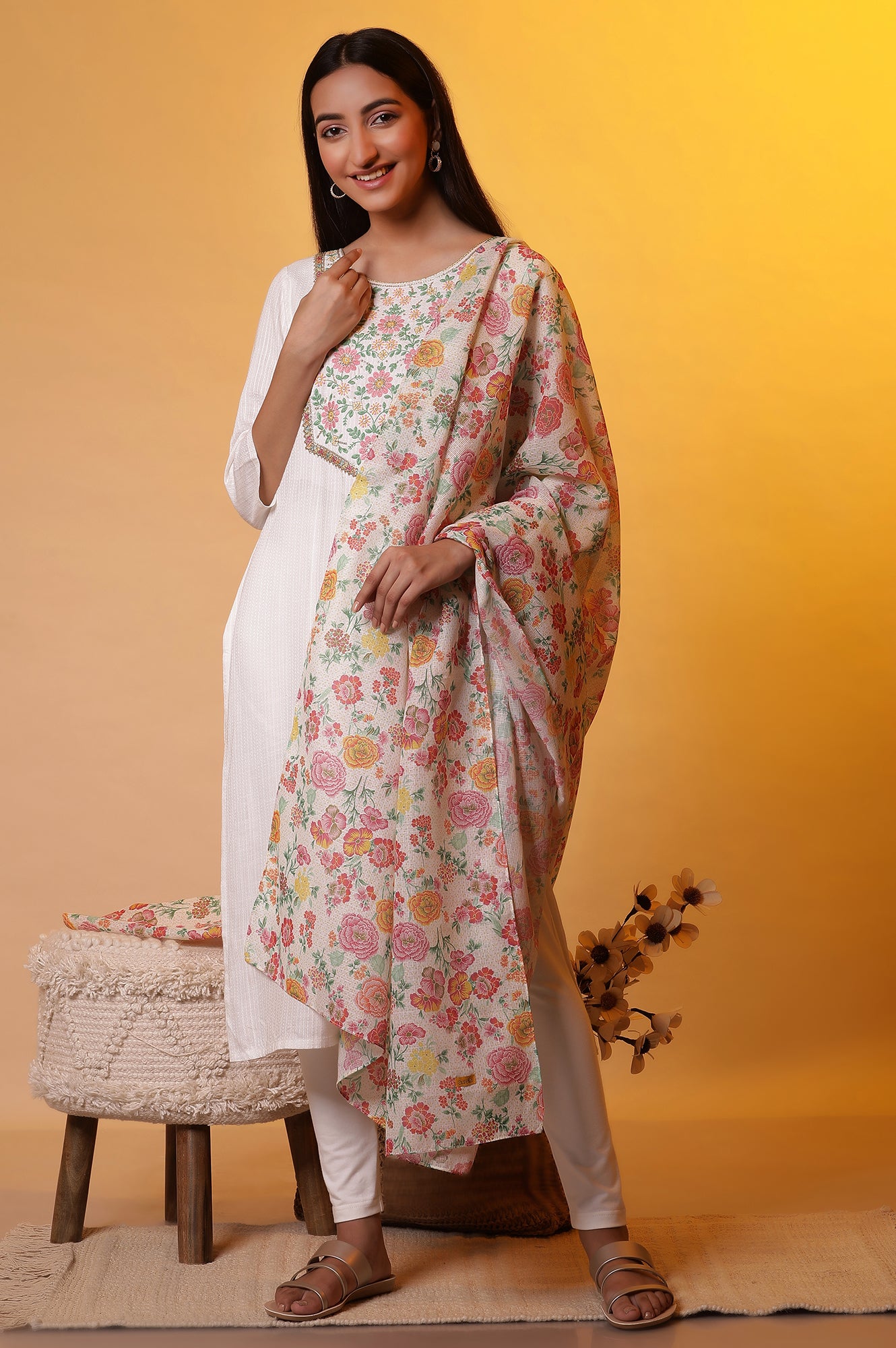 Multi-coloured Floral Printed Kota Checks Dupatta