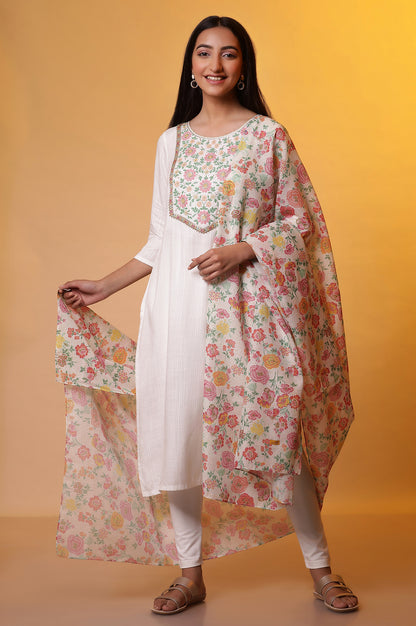 Multi-coloured Floral Printed Kota Checks Dupatta