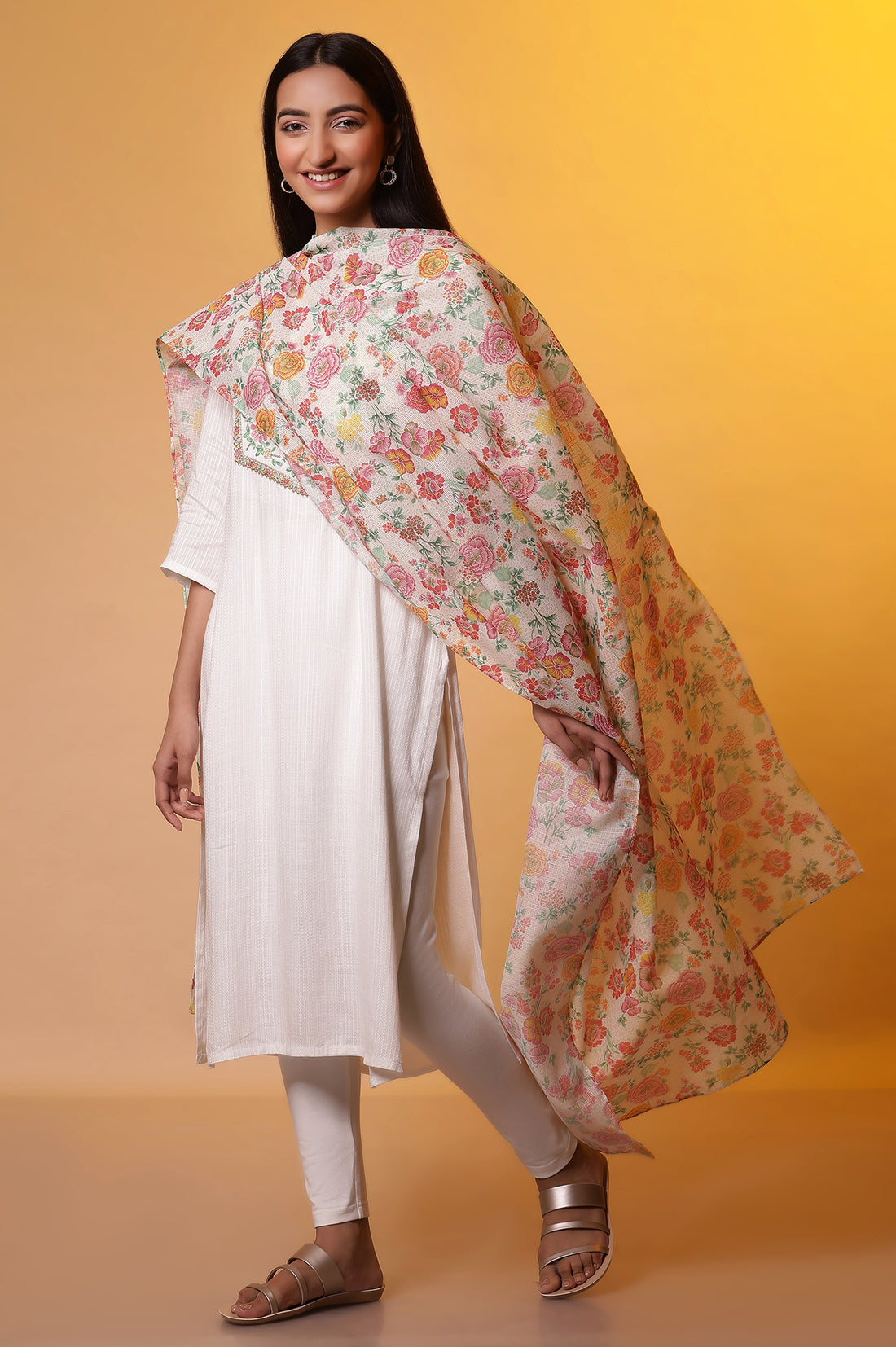 Multi-coloured Floral Printed Kota Checks Dupatta