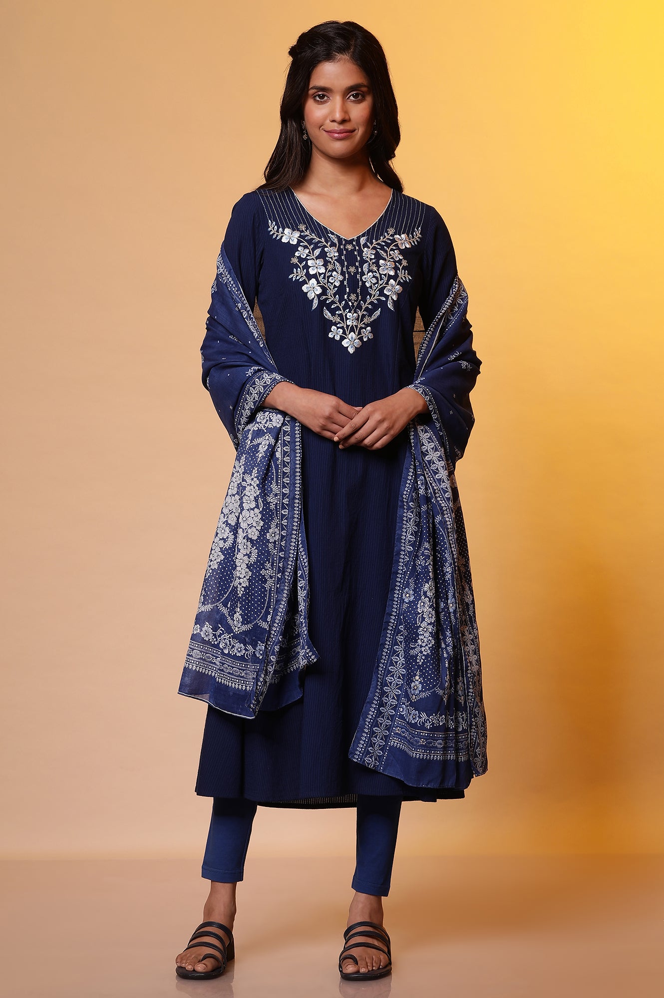 Blue Foil Floral Printed Cotton Dupatta