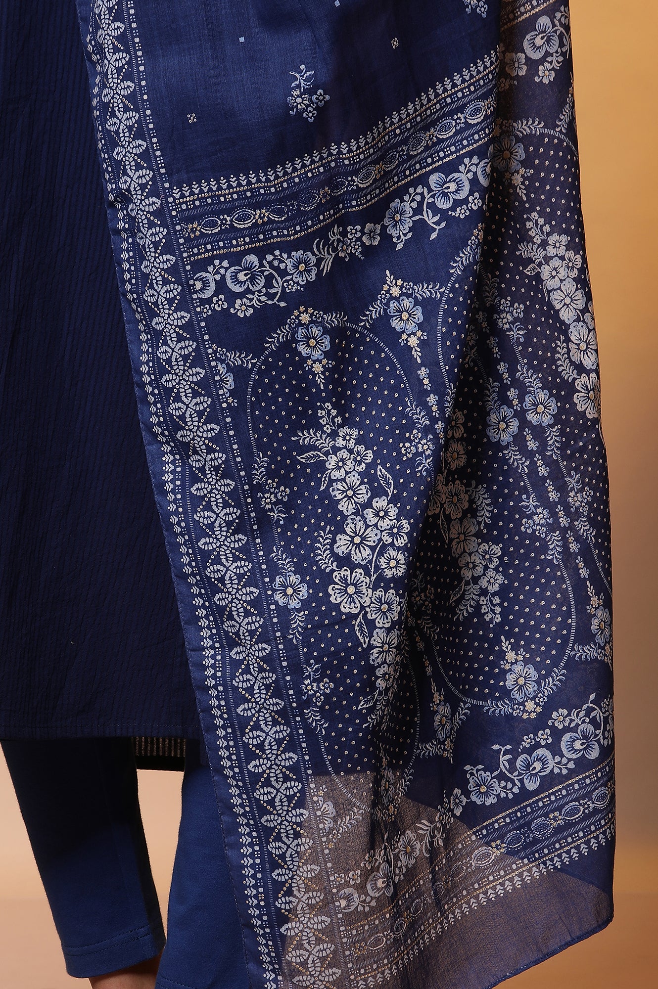 Blue Foil Floral Printed Cotton Dupatta