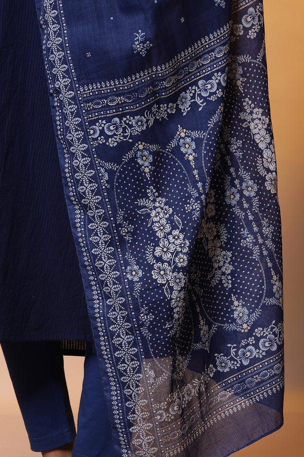 Blue Foil Floral Printed Cotton Dupatta
