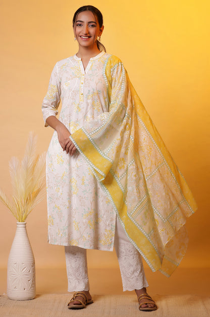 Yellow Floral Printed Stole with Border