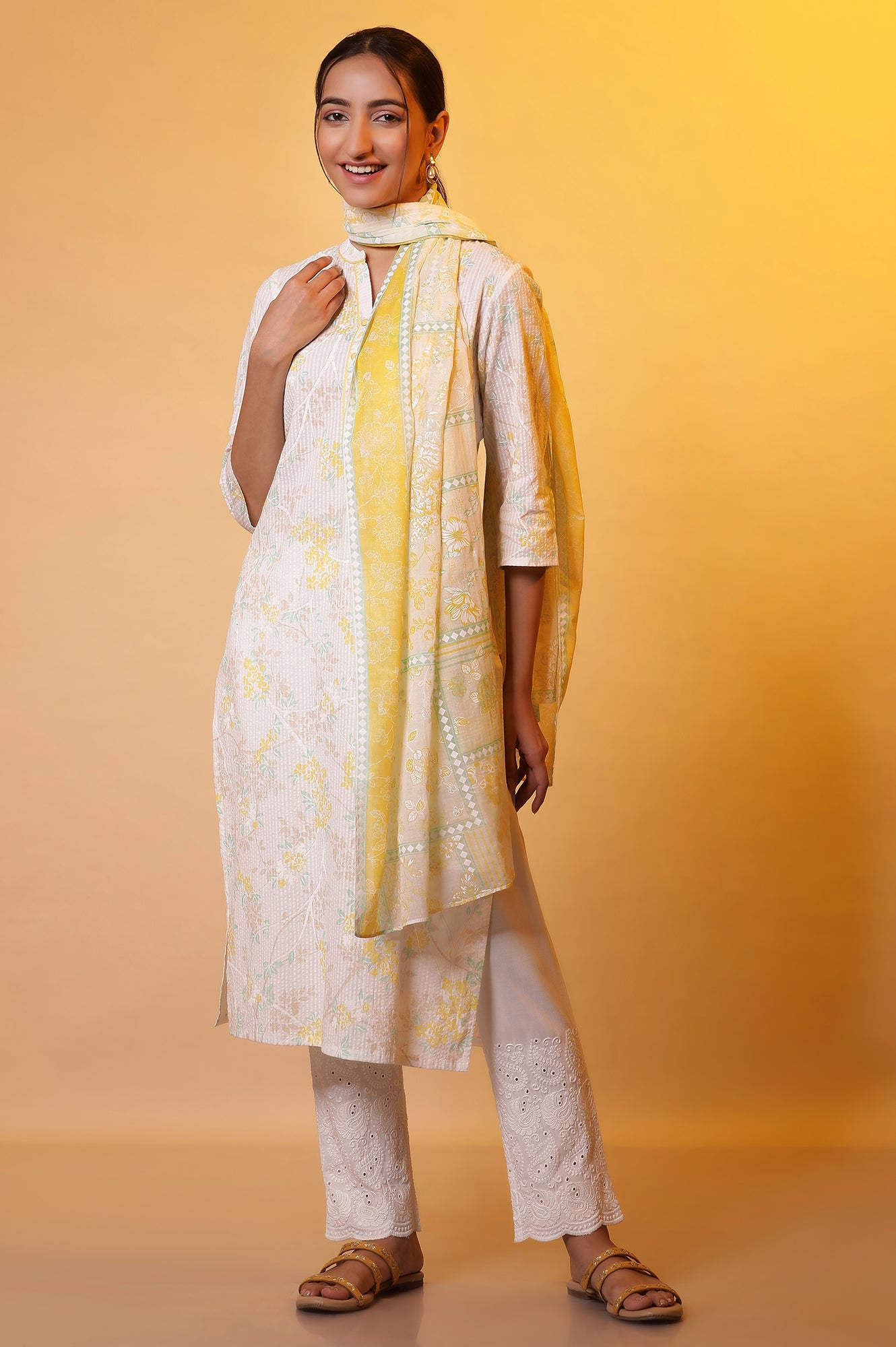 Yellow Floral Printed Stole with Border