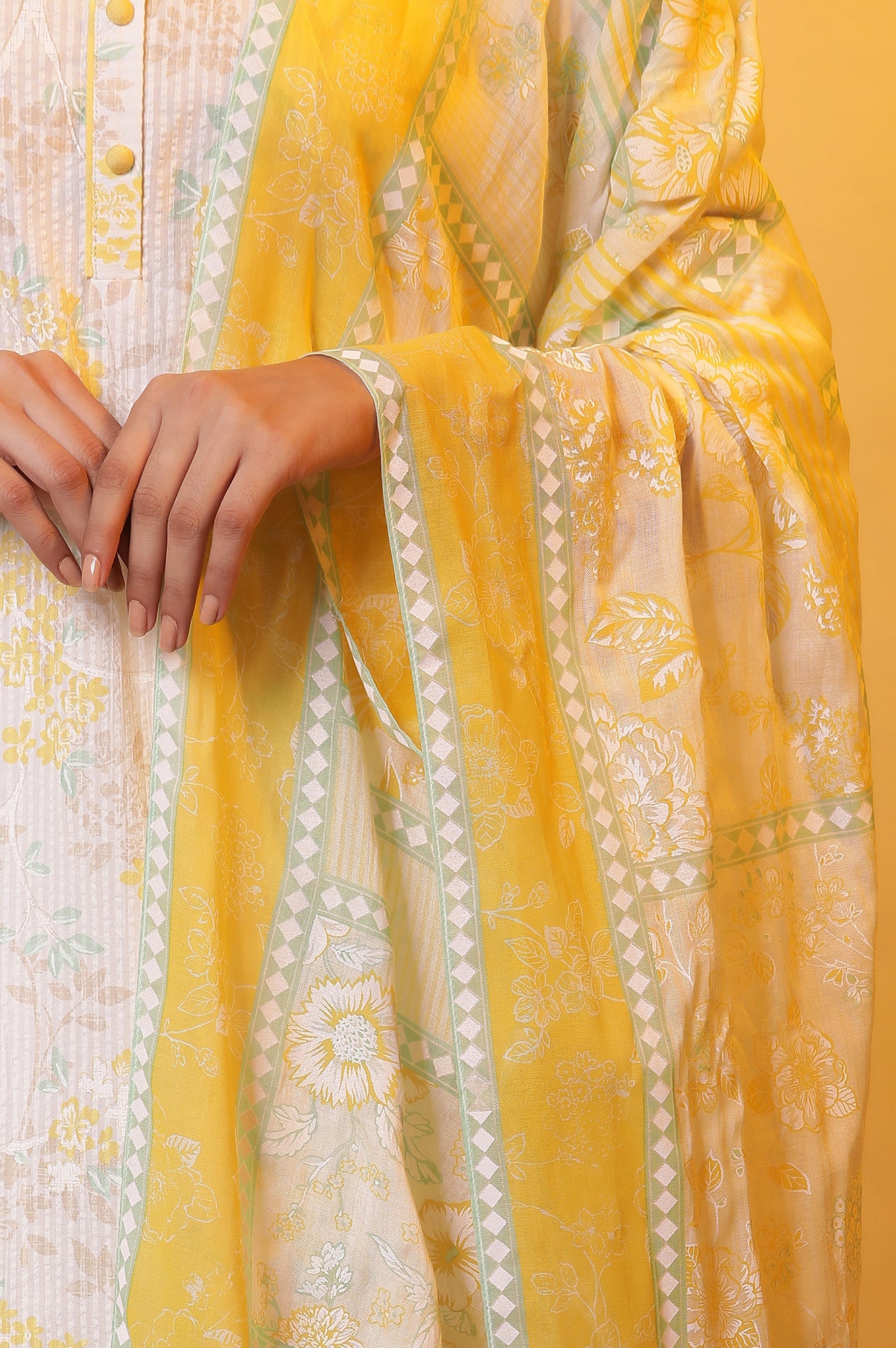 Yellow Floral Printed Stole with Border