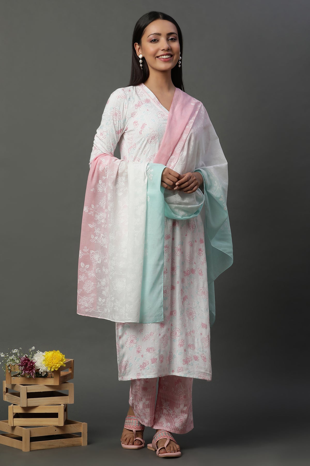 Multi-coloured Floral Printed Cotton Mulmul Stole - FS