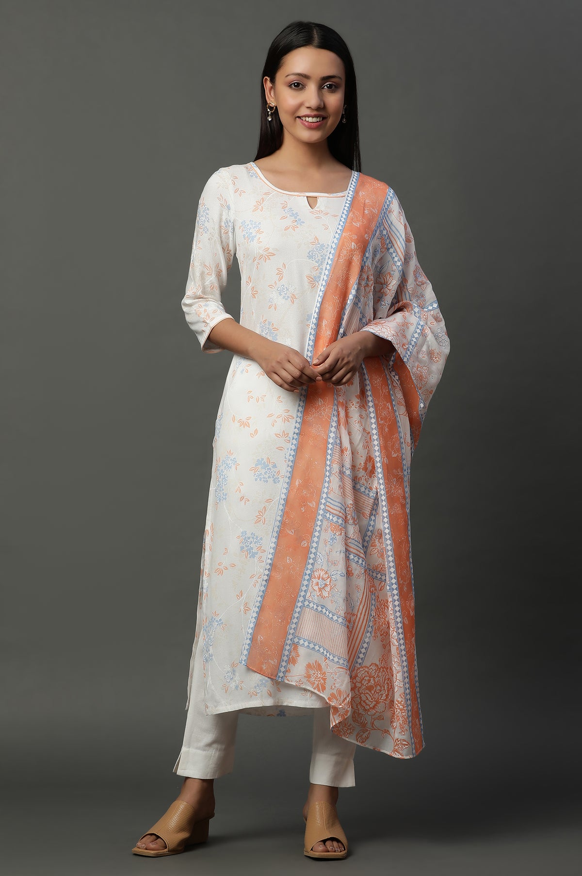 Orange Floral Printed Stole with Border - FS