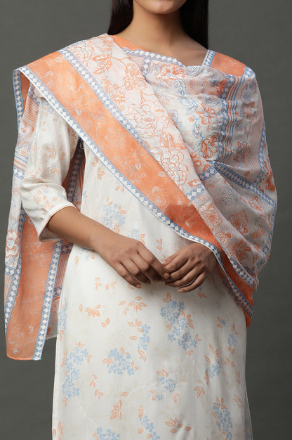 Orange Floral Printed Stole with Border