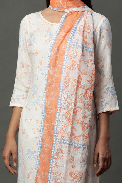 Orange Floral Printed Stole with Border