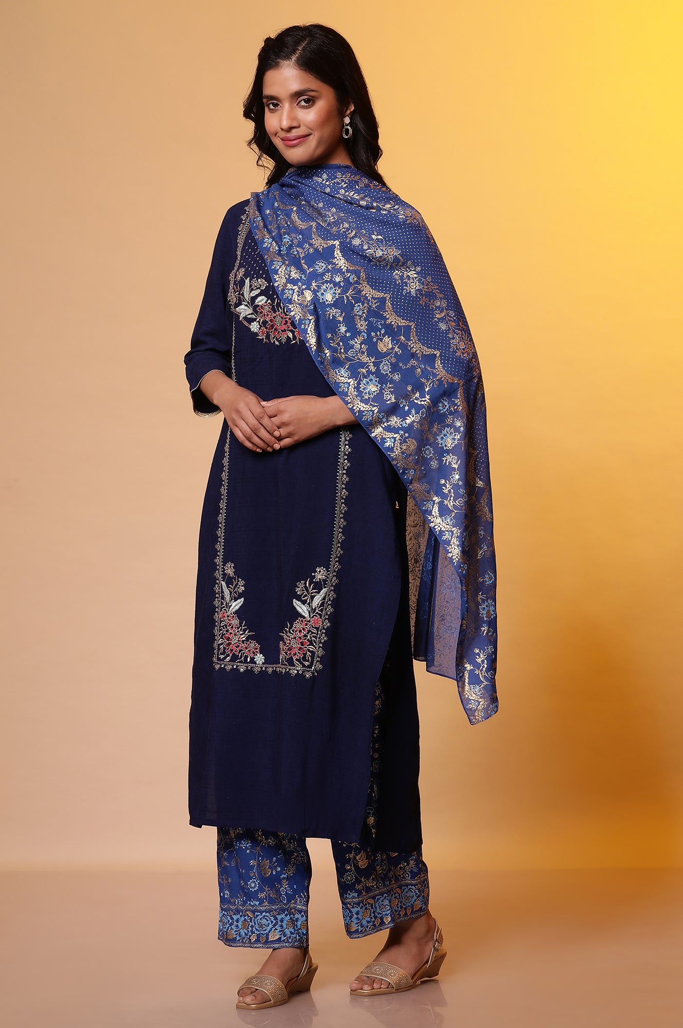 Blue Floral Printed Stole with Border