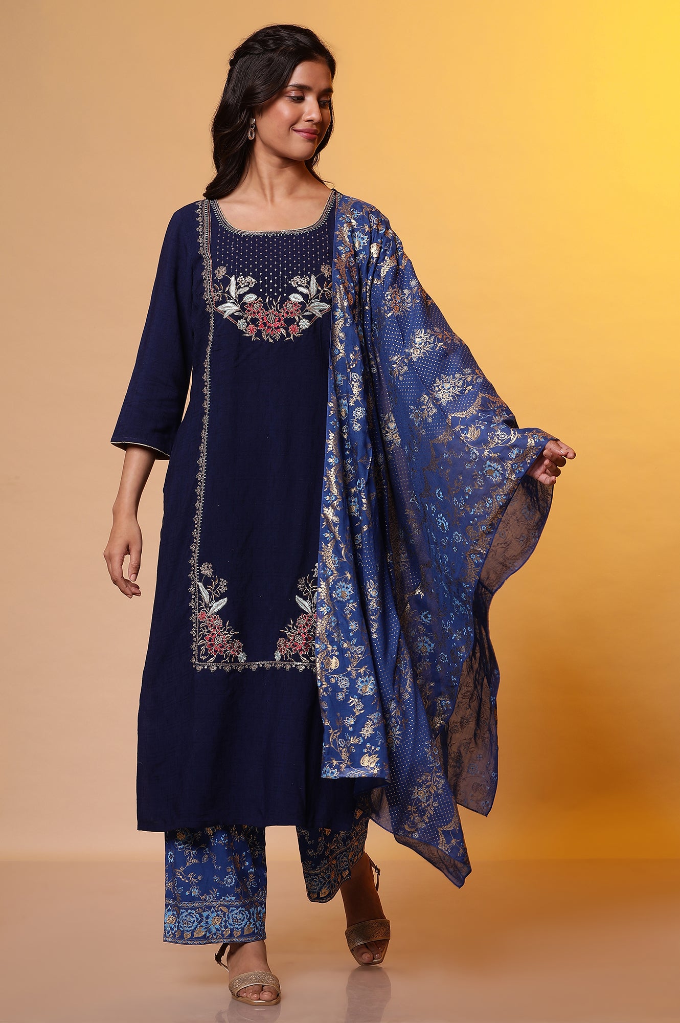 Blue Floral Printed Stole with Border