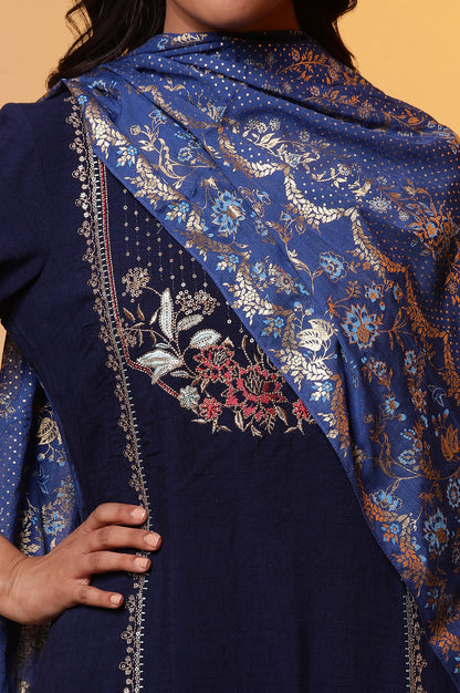 Blue Floral Printed Stole with Border