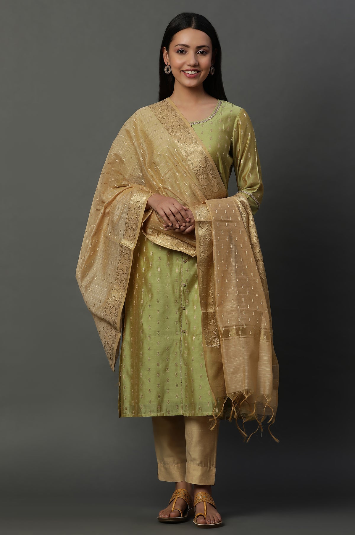 Gold Polka Dot Printed Banarasi Dupatta - FS