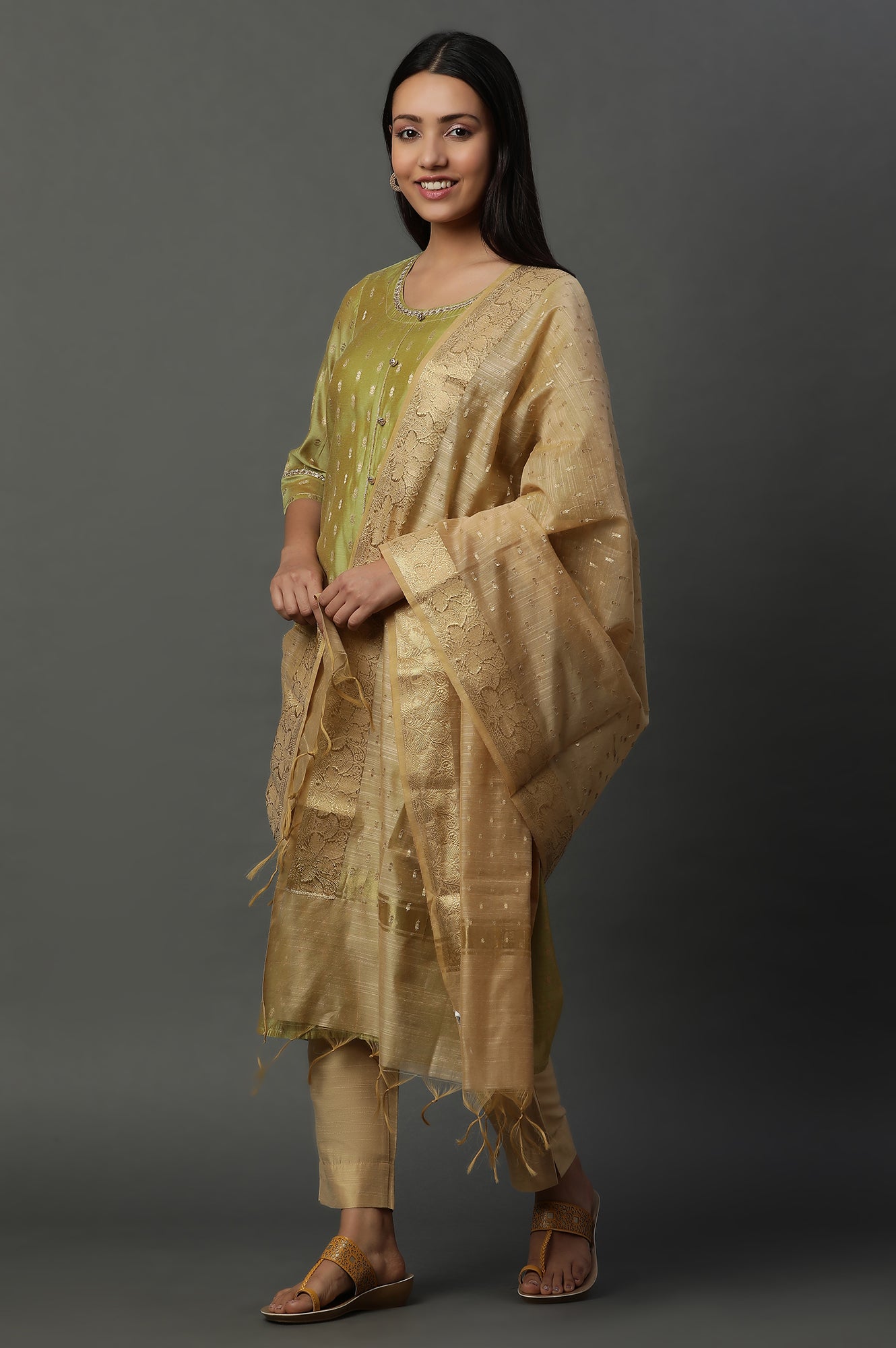 Gold Polka Dot Printed Banarasi Dupatta