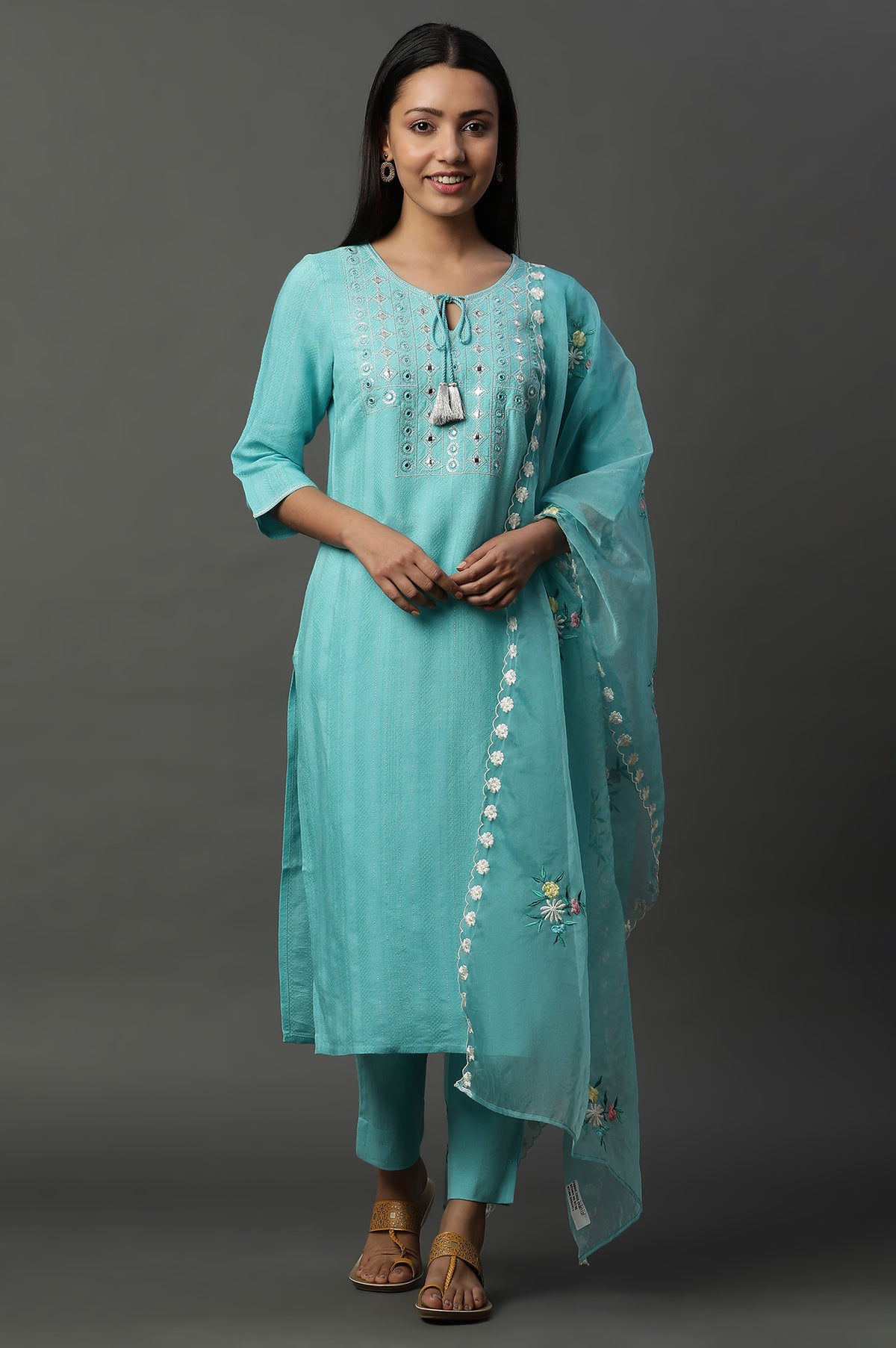 Teal Blue Embroidered Organza Dupatta - FS