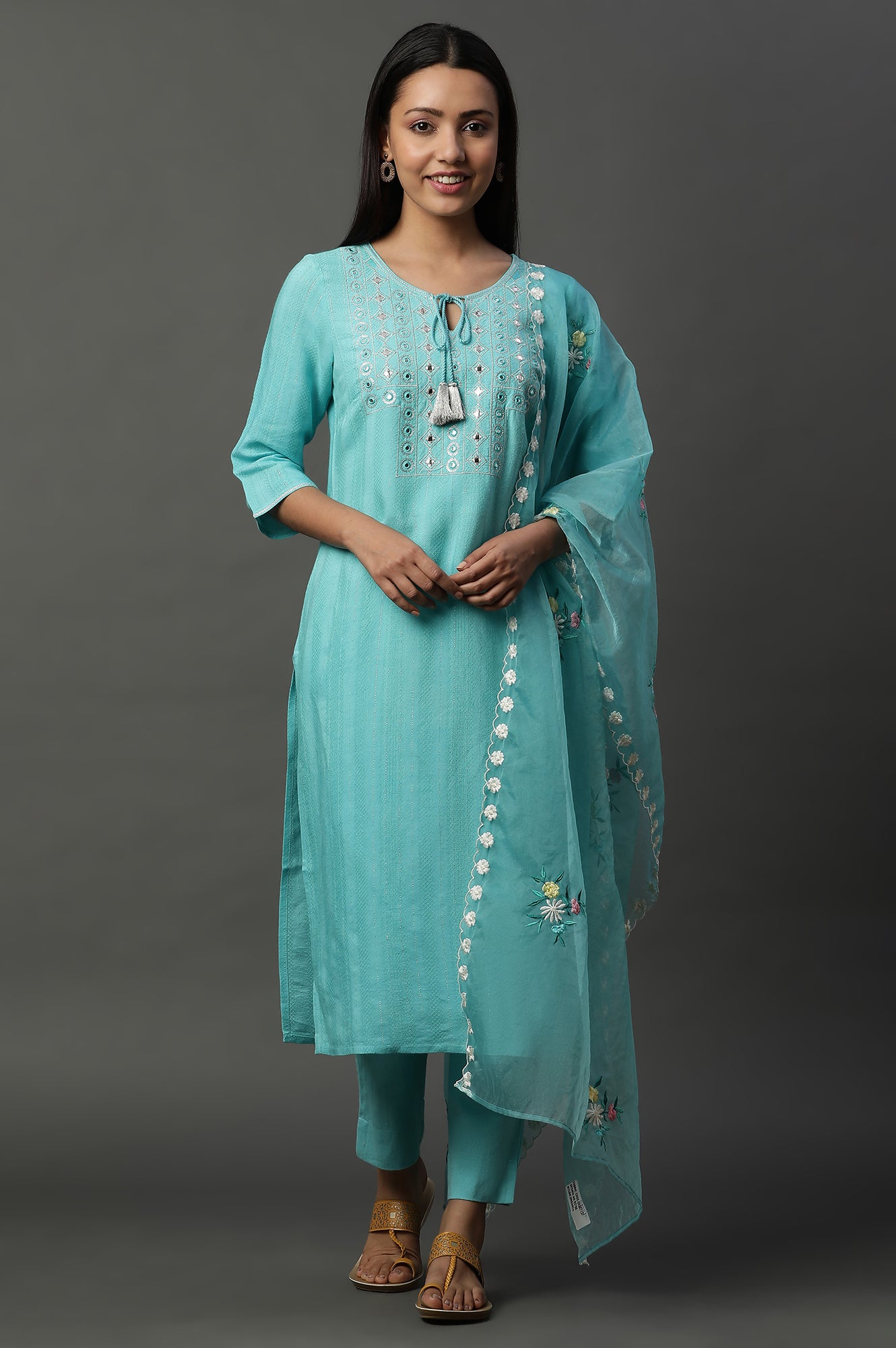 Teal Blue Embroidered Organza Dupatta