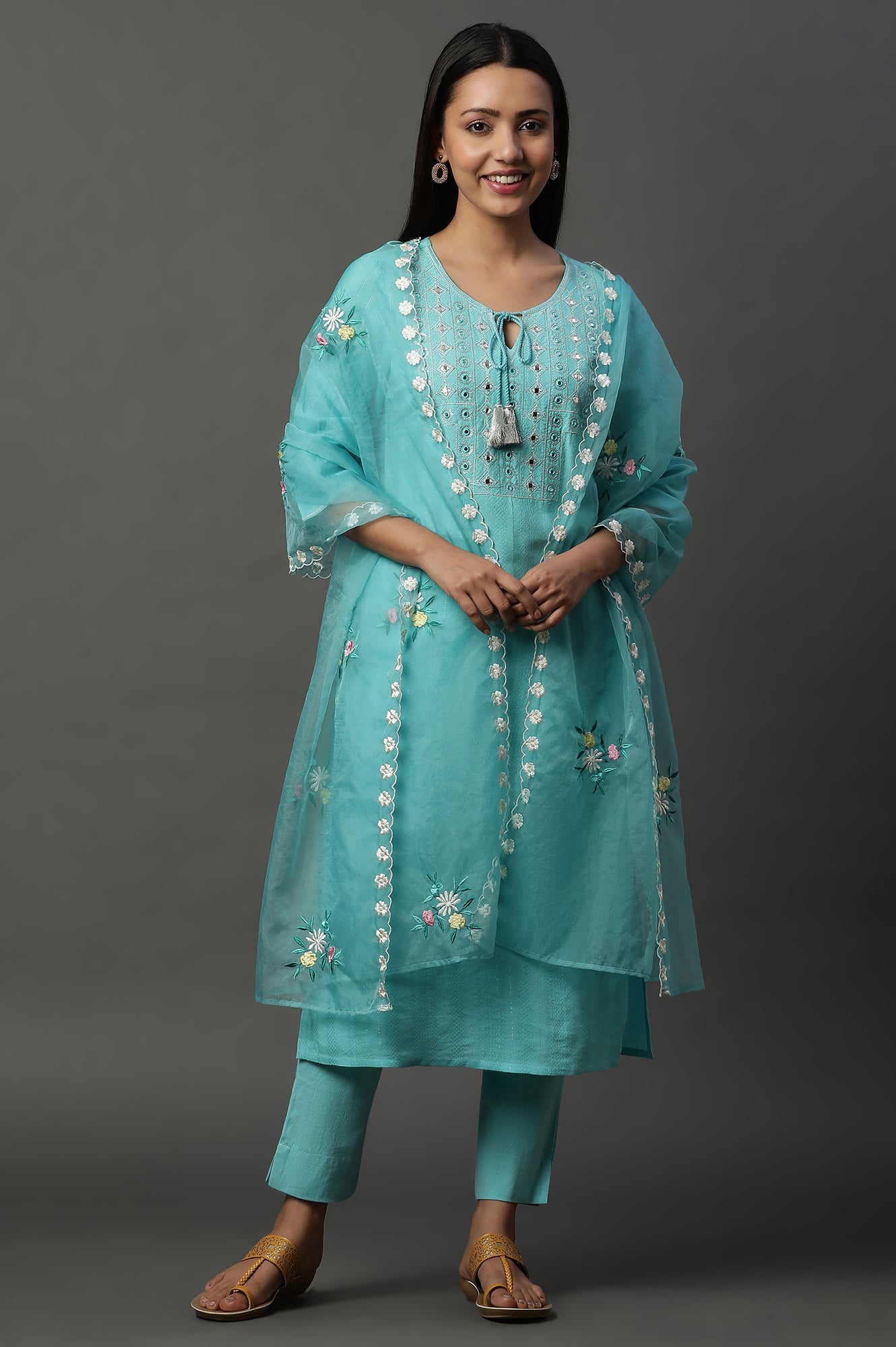 Teal Blue Embroidered Organza Dupatta