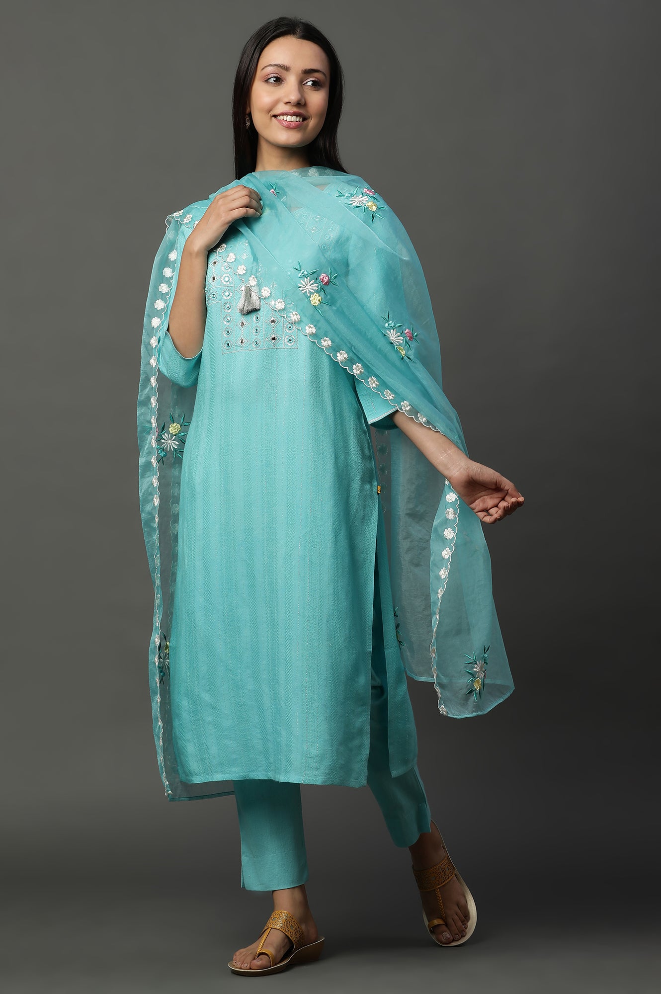 Teal Blue Embroidered Organza Dupatta