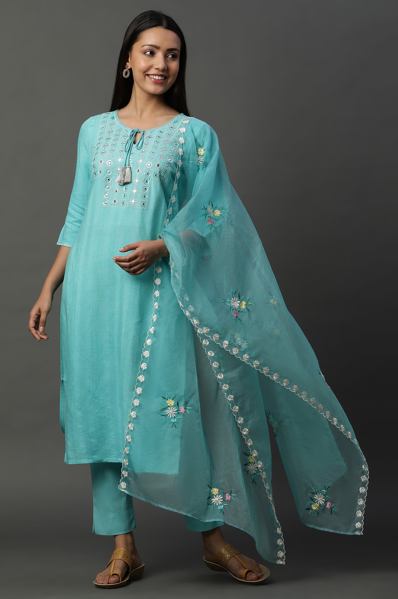 Teal Blue Embroidered Organza Dupatta