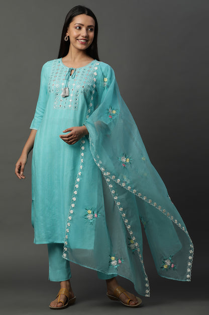 Teal Blue Embroidered Organza Dupatta