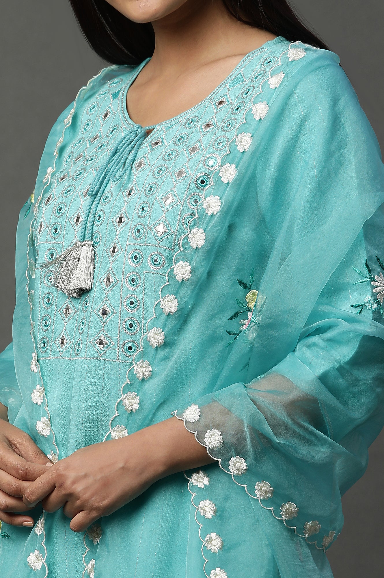 Teal Blue Embroidered Organza Dupatta