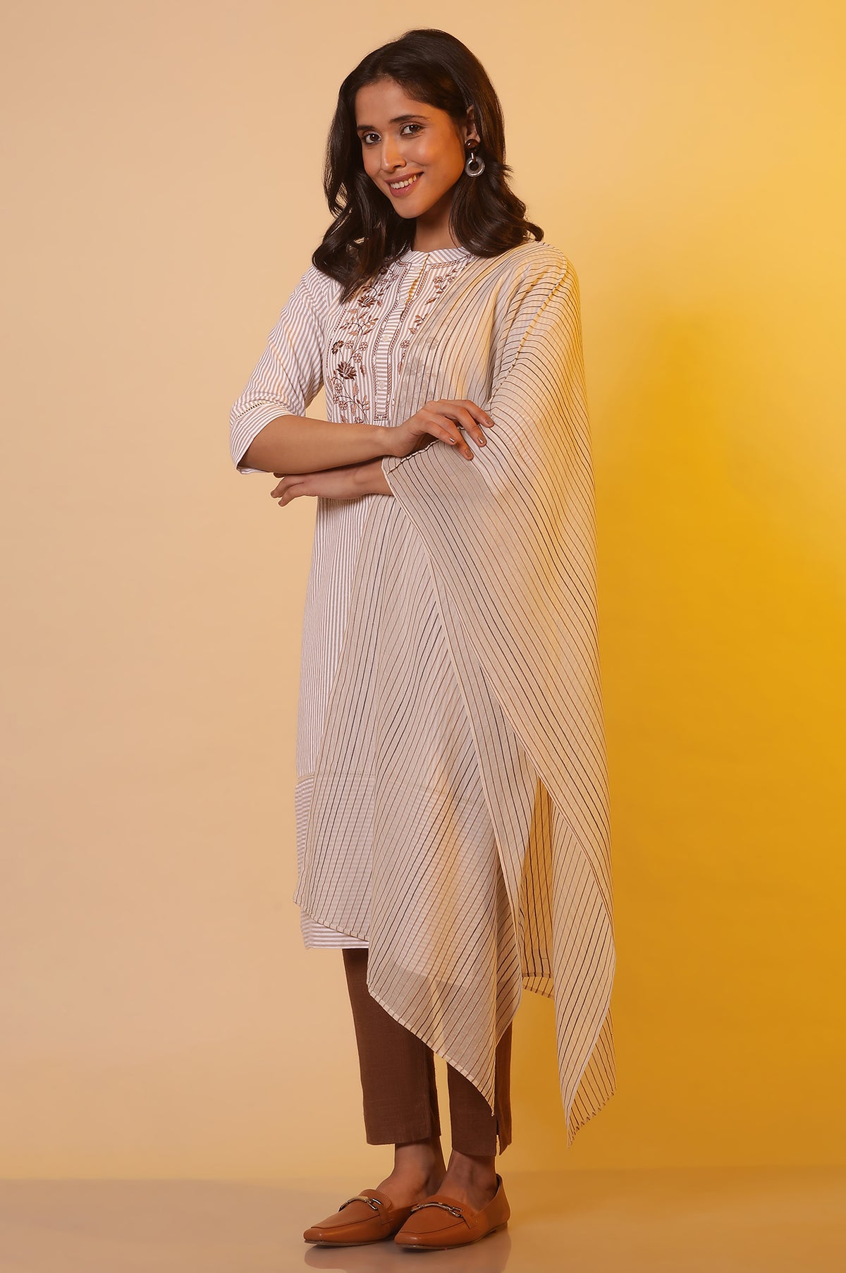 Beige Striped Cotton Dupatta - FS