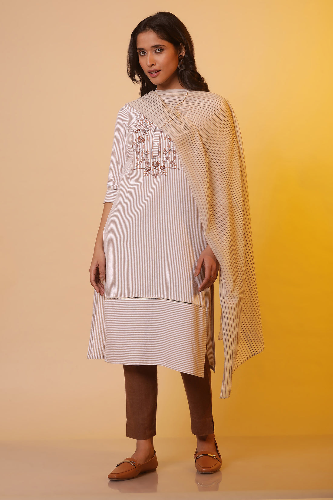 Beige Striped Cotton Dupatta