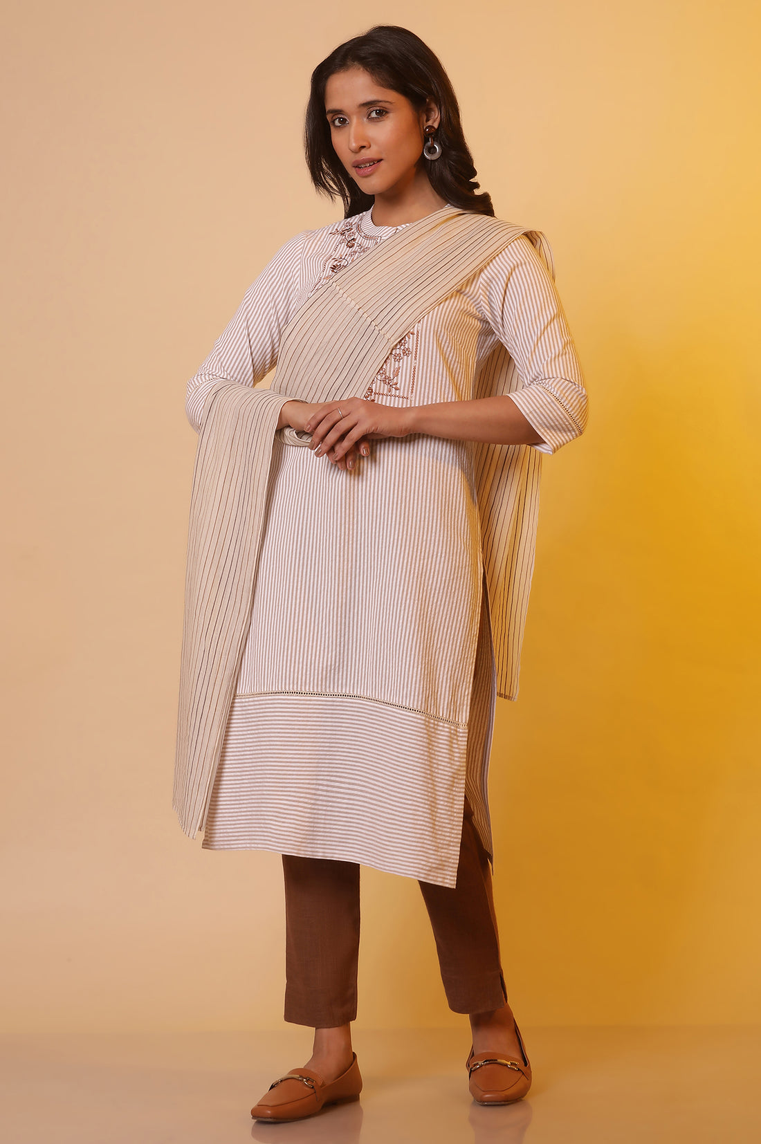 Beige Striped Cotton Dupatta