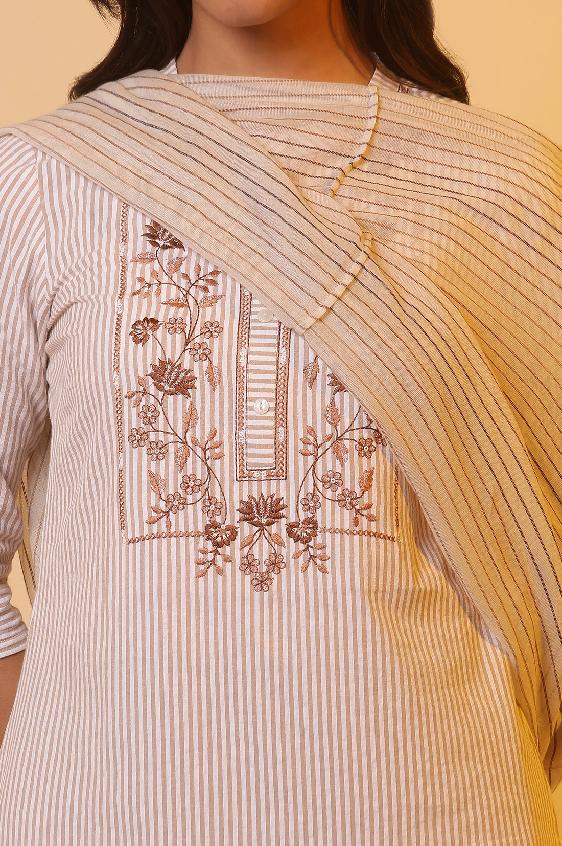 Beige Striped Cotton Dupatta