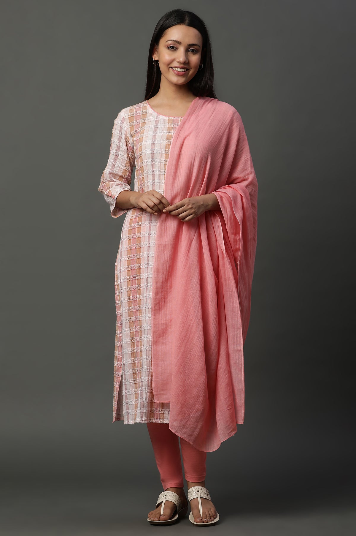 Peach Yarn-Dyed Cotton Dupatta - FS