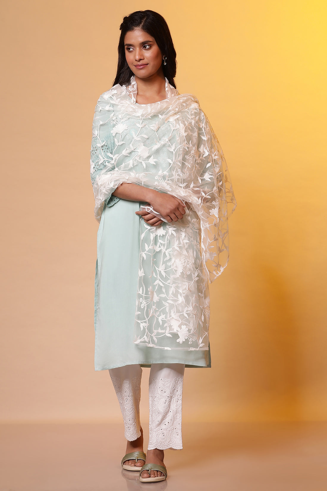 White Floral Embroidered Rectangular Net Dupatta