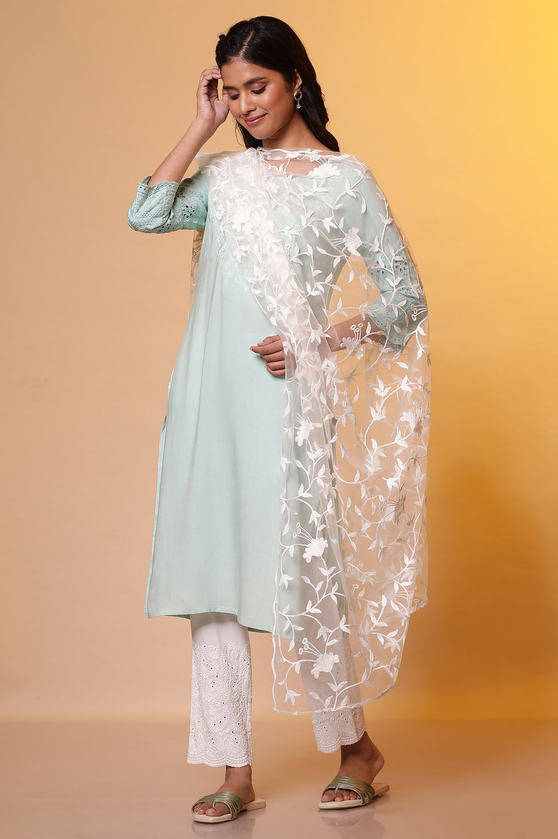 White Floral Embroidered Rectangular Net Dupatta
