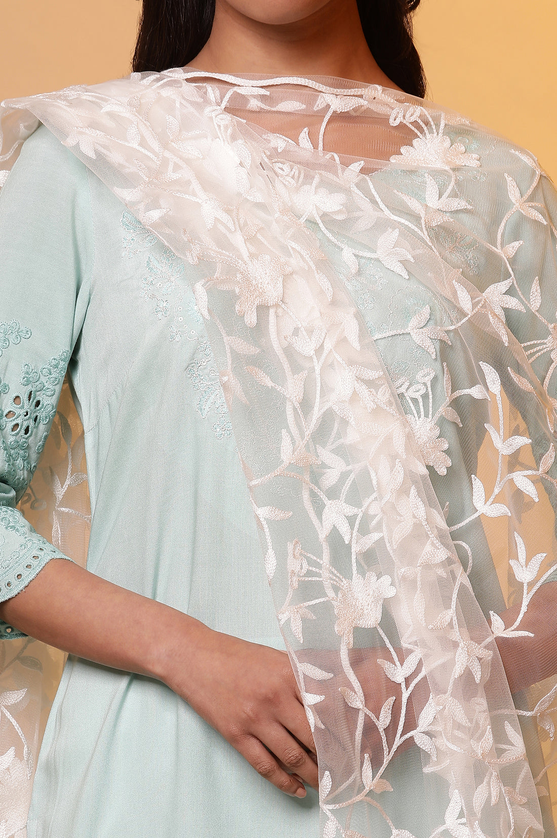 White Floral Embroidered Rectangular Net Dupatta