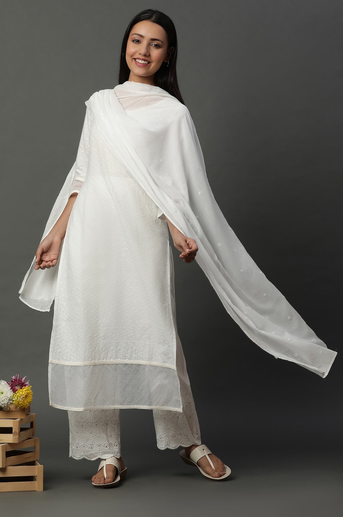White Embroidered Schiffli Cotton Dupatta - FS