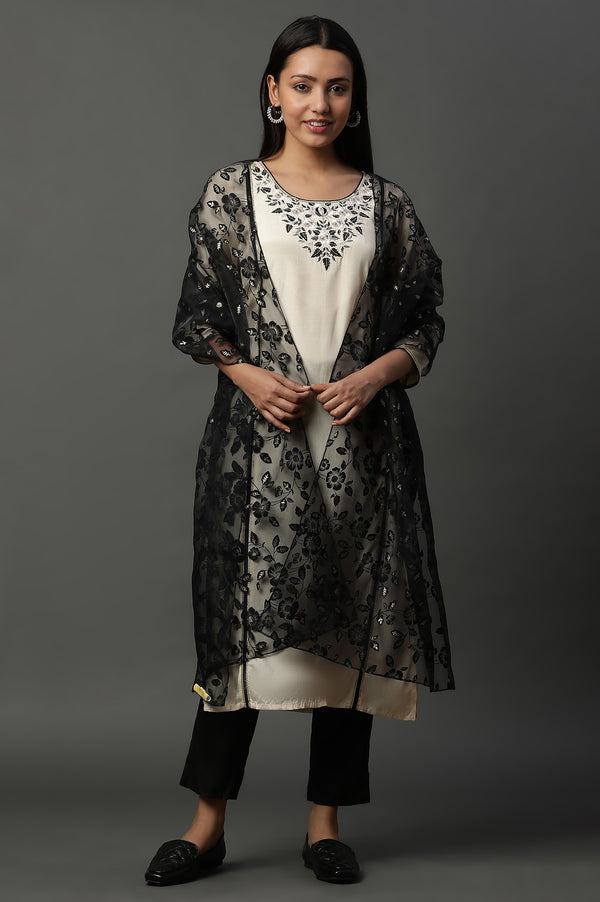Black Floral Printed Rectangular Cotton Dupatta