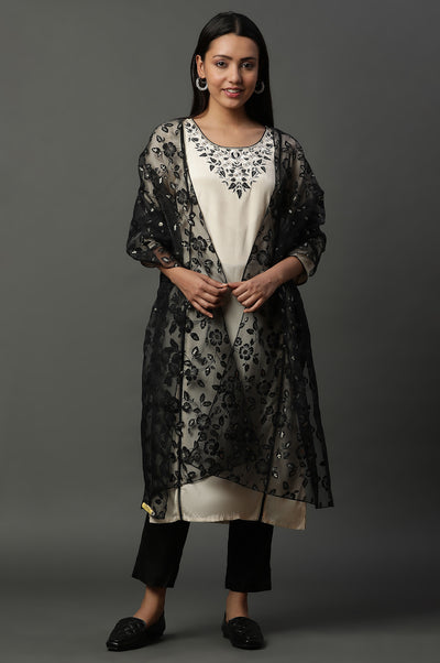 Black Floral Printed Rectangular Cotton Dupatta