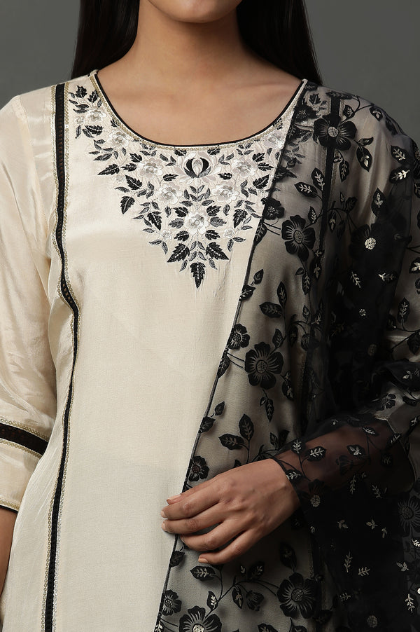 Black Floral Printed Rectangular Cotton Dupatta
