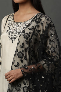 Black Floral Printed Rectangular Cotton Dupatta