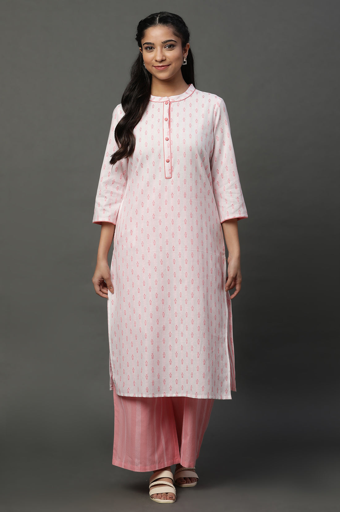 Off White Cotton Floral Printed Kurta and Pink Palazzos Set