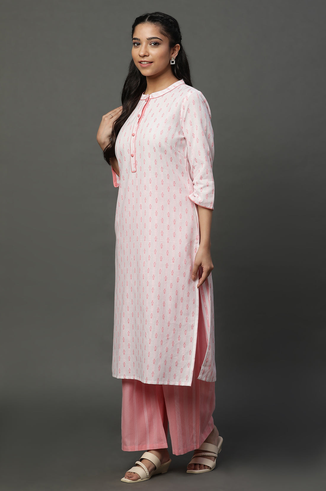 Off White Cotton Floral Printed Kurta and Pink Palazzos Set