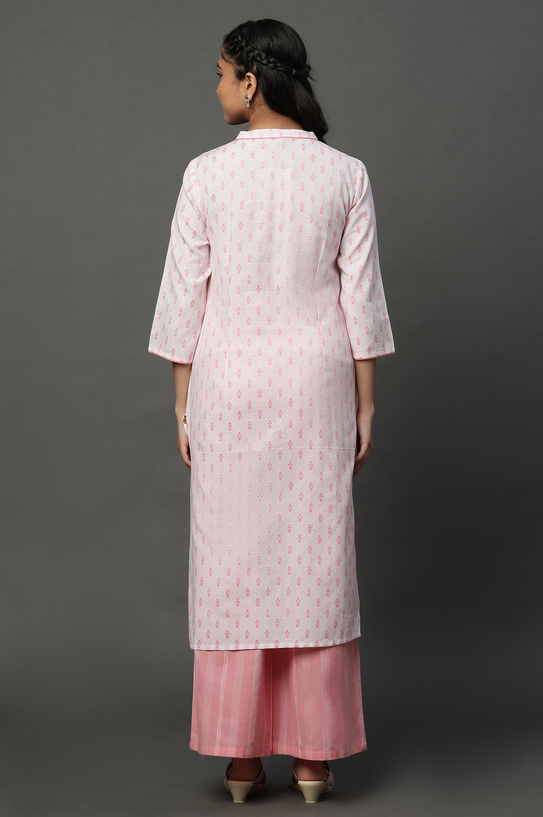 Off White Cotton Floral Printed Kurta and Pink Palazzos Set