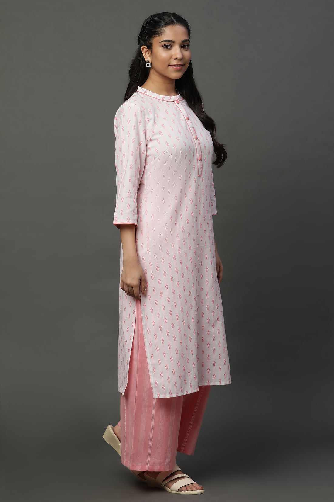Off White Cotton Floral Printed Kurta and Pink Palazzos Set