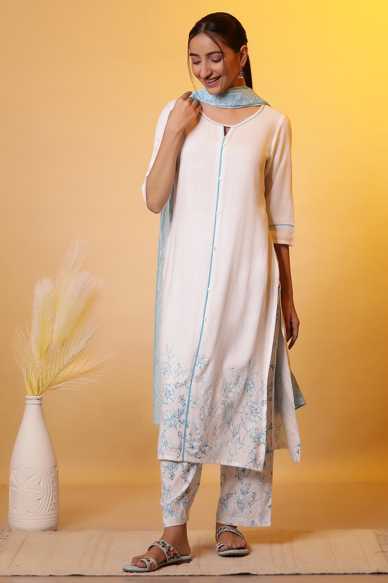 White Floral Printed Kurta, Palazzos and Dupatta Set